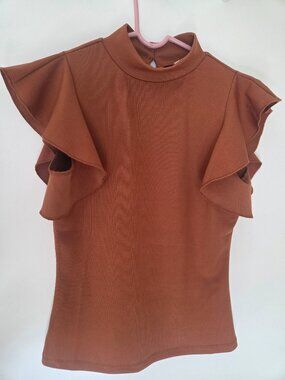 TCEC Camel Brown Mock Neck Ruffle Top Size Youth Large